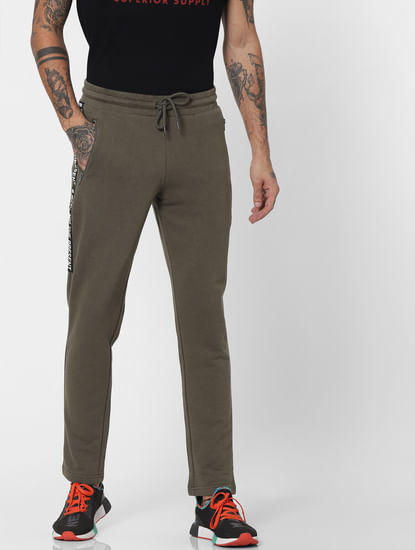 Olive Green Mid Rise Tape Detail Sweatpants