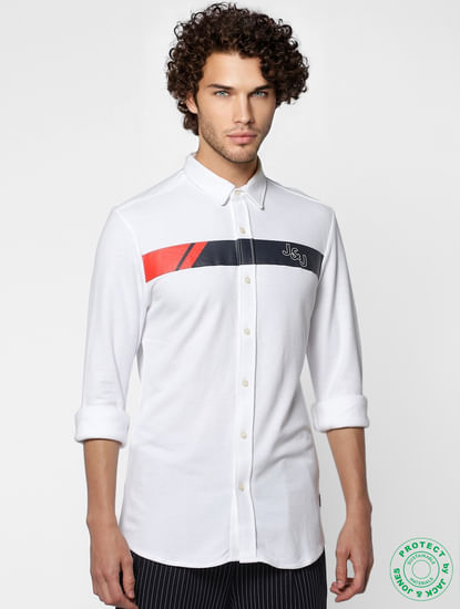 White Full Sleeves Slim Fit Patch Print Shirt