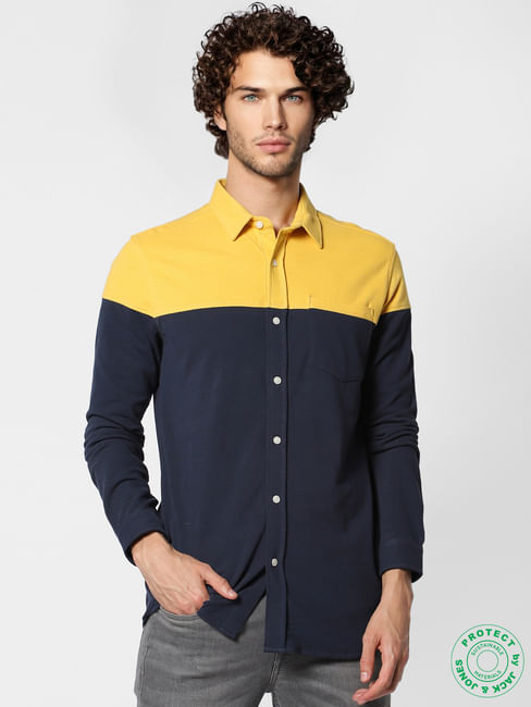 Navy Colourblocked Slim Fit Full Sleeves  Shirt
