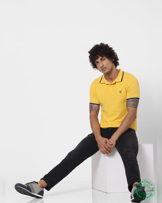 Yellow Contrast Tipping Polo Neck T-shirt