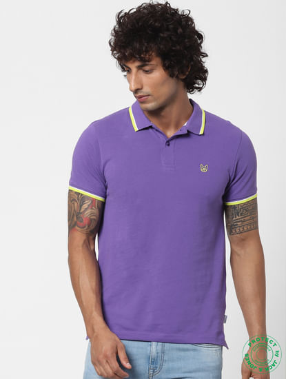 Purple Contrast Tipping Polo Neck T-shirt