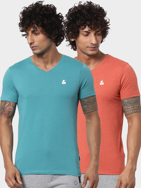 Coral & Blue V Neck Tshirts - Pack of 2 