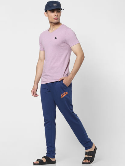 Blue Mid Rise Logo Print Sweatpants