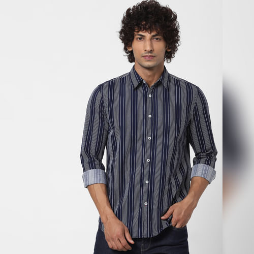 JACK&JONES Blue Striped Full Sleeves Shirt
