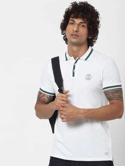 White Contrast Tipping Polo Neck T-shirt