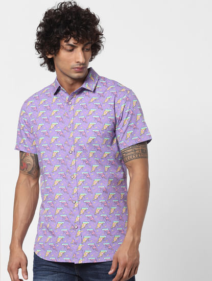 Purple Pizza Slice Print Half Sleeves Shirt