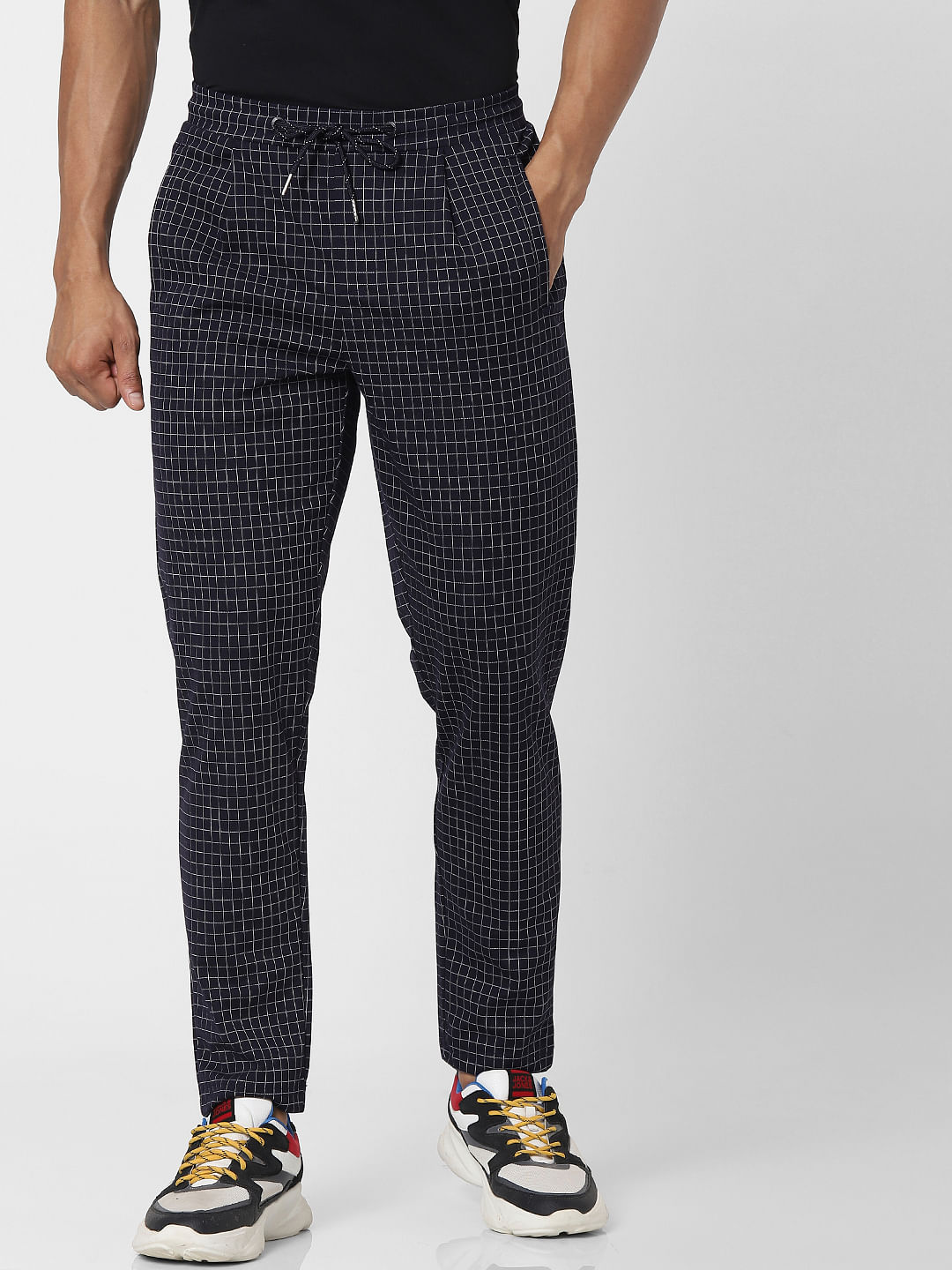 Buy Men Blue Mid Rise Check Grid Pants Online In India