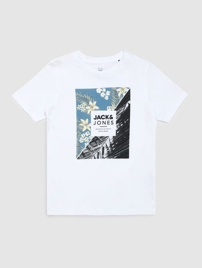 Boys White Graphic Print Crew Neck T-shirt