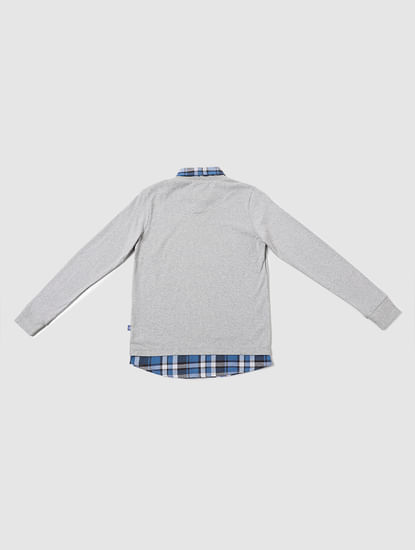 Boys Grey Logo Print Full Sleeves Polo T-shirt
