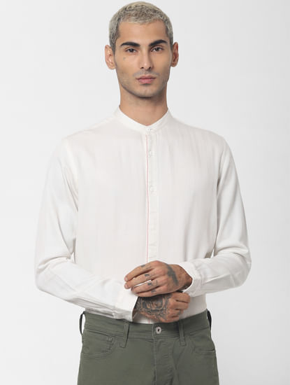 White Mandarin Collar Full Sleeves Shirt