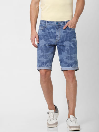 Blue Low Rise Striped Denim Shorts