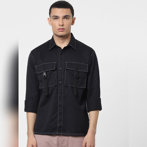 JACK&JONES Black Overstitch Detail Full Sleeves Overshirt