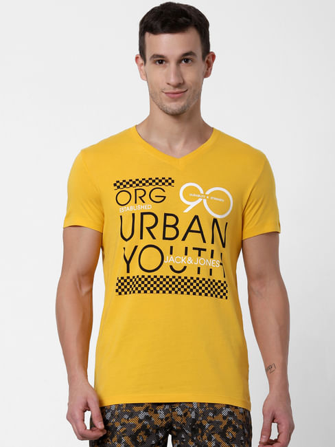 Yellow Text Print V Neck T-shirt