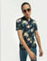Navy Blue Tropical Print Polo T-shirt_406223+1