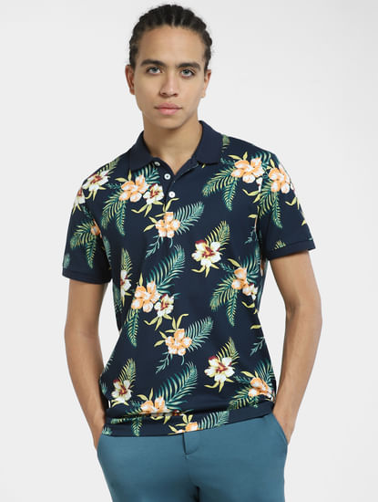 Navy Blue Tropical Print Polo T-shirt
