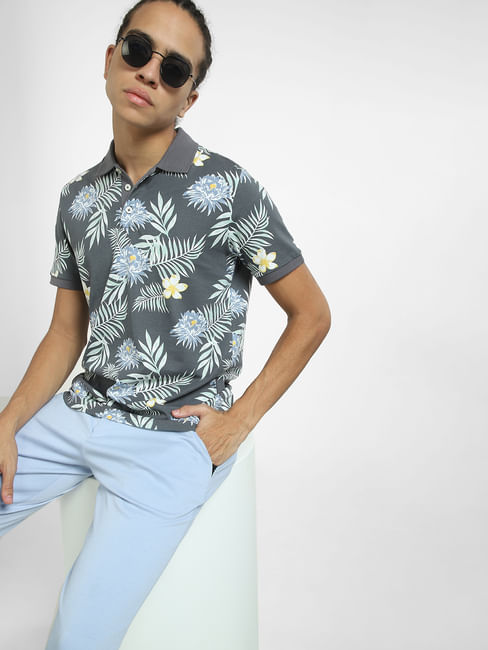 Grey Tropical Print Polo T-shirt