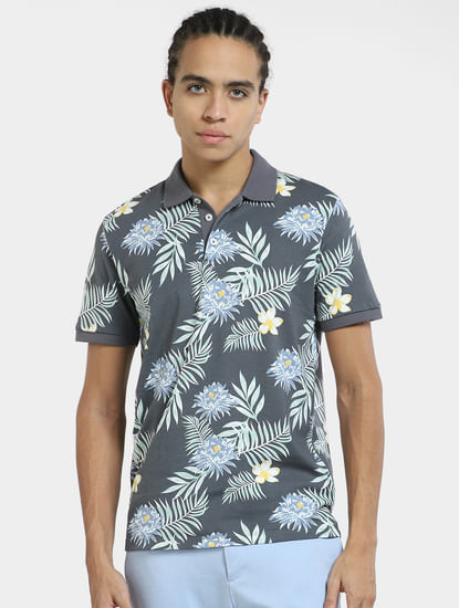 Grey Tropical Print Polo T-shirt