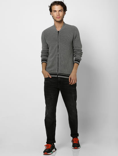 Grey Self Design Zip Up Cardigan