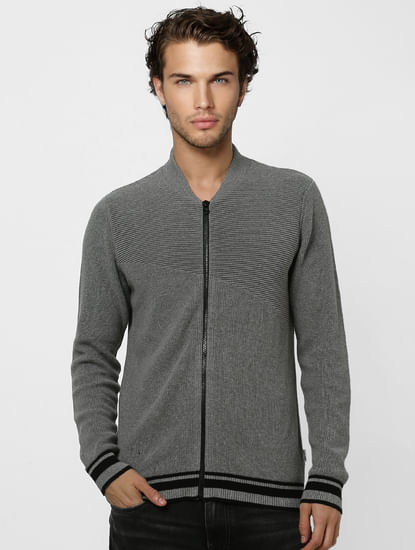 Grey Self Design Zip Up Cardigan