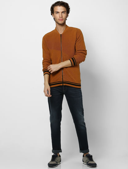 Brown Self Design Zip Up Cardigan