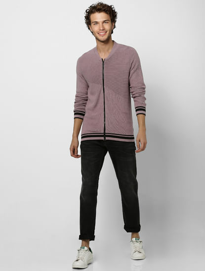 Purple Self Design Zip Up Cardigan