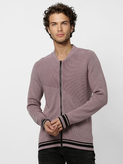Purple Self Design Zip Up Cardigan
