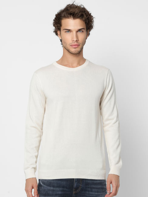 White Self Design Knit Pullover