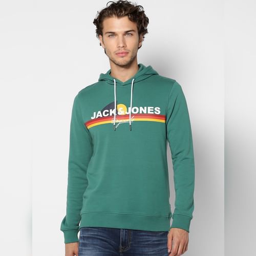JACK&JONES Green Logo Print Hooded Sweatshirt