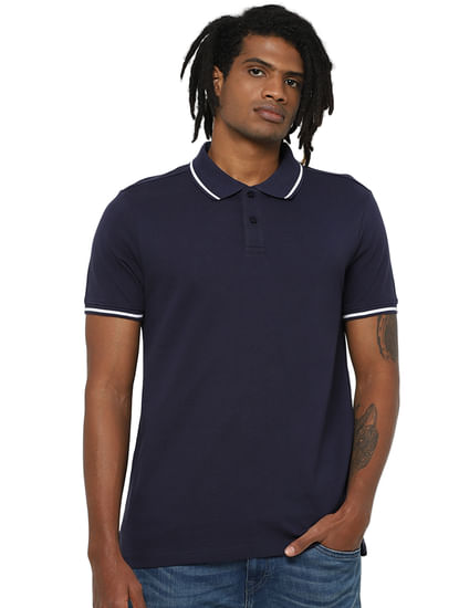 Dark Blue Contrast Tipping Polo Neck T-shirt