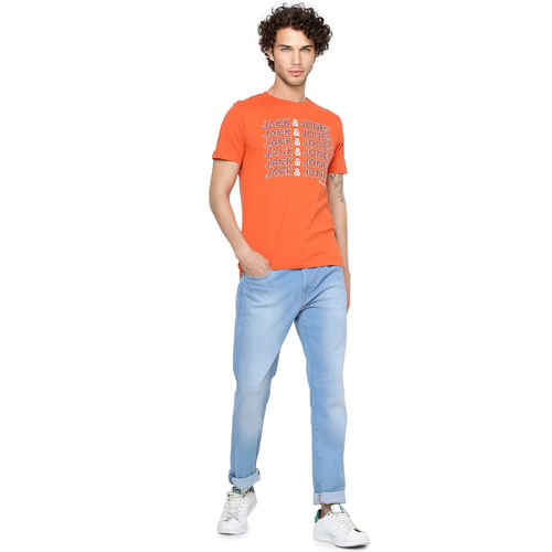 JACK&JONES Orange Logo Print Crew Neck T-shirt