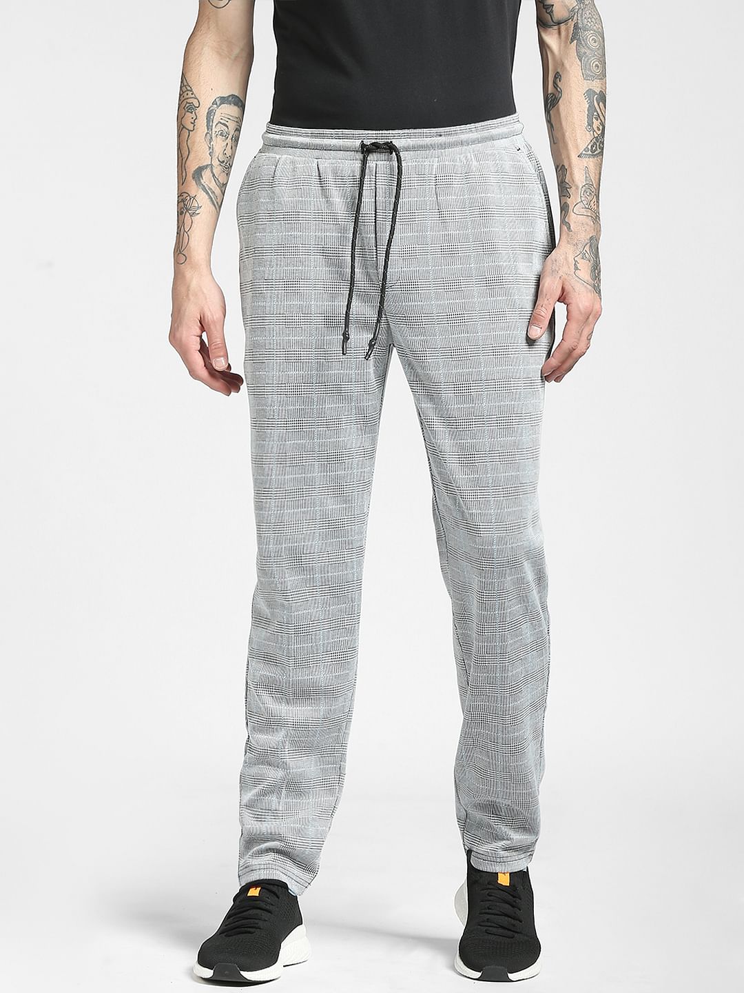 grey pants with black stripe