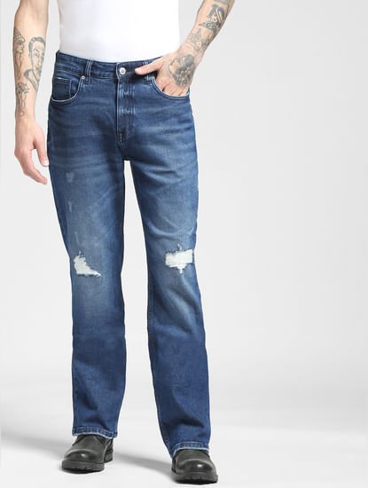 Blue Low Rise Ripped Bootcut Jeans