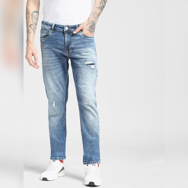 BESTSELLER CLOTHING Blue Low Rise Glenn Ripped Slim Jeans