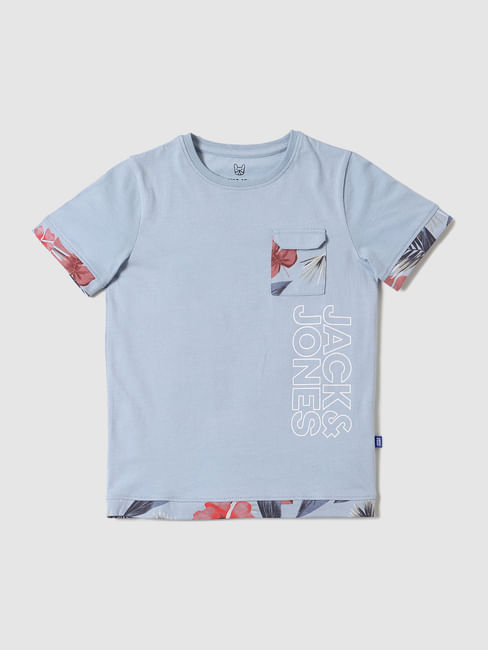 Boys Blue Floral Tipping Logo Print Crew Neck T-shirt