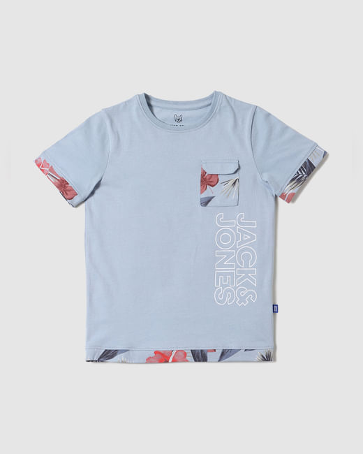 Boys Blue Floral Tipping Logo Print Crew Neck T-shirt