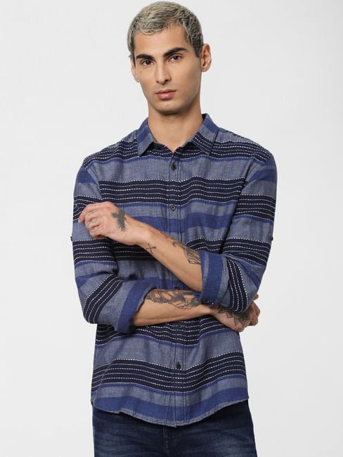 Dark Blue Striped Linen Full Sleeves Shirt