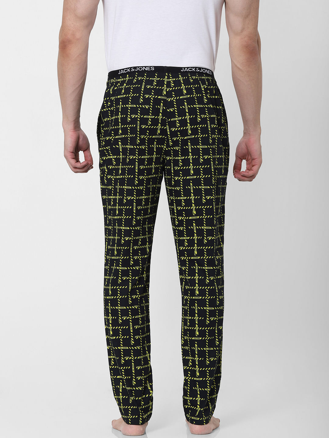 Buy Men Black All Over Caution Print Pyjamas Online