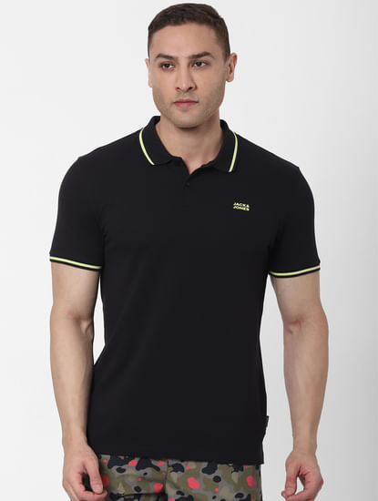 Black Contrast Tipping Polo Neck T-shirt