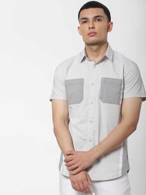 Grey Colourblocked Short Sleeves Shirt