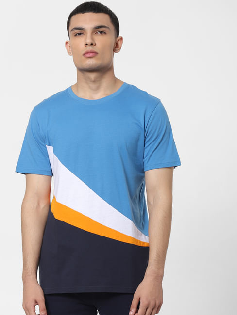 Blue Colourblocked Crew Neck T-shirt