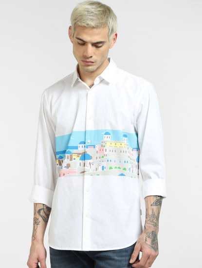 White Graphic Print Full Sleeves Shirt