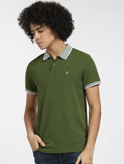 Green Contrast Collar Polo T-shirt