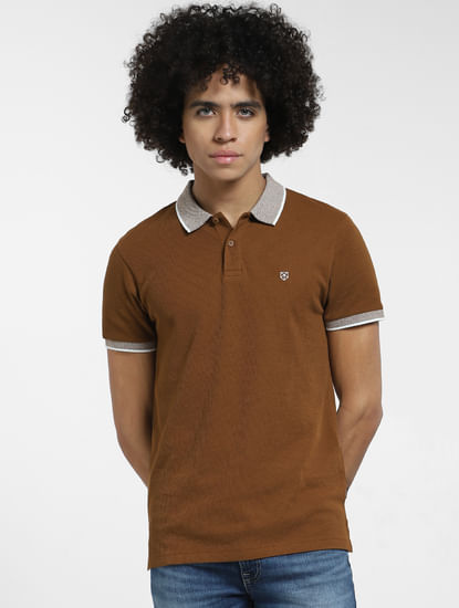 Brown Contrast Collar Polo T-shirt