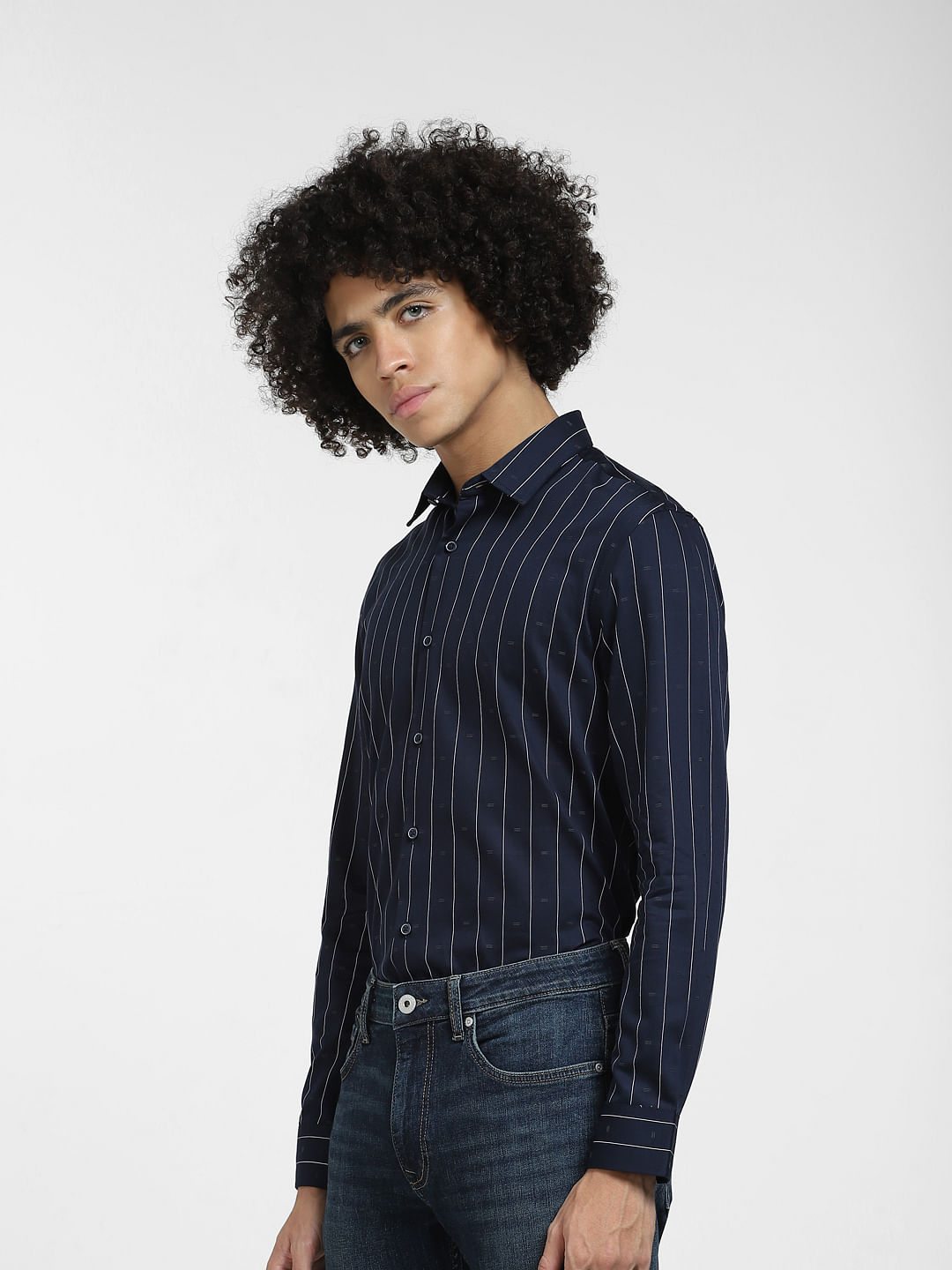 Buy Navy Blue Striped Full Sleeves Shirt for Men