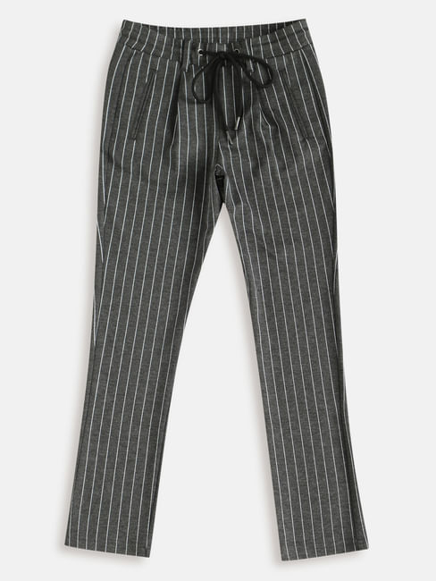 Boys Grey Mid Rise Striped Pants