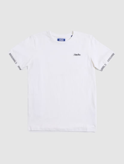 Boys White Logo Sleeves Print Crew Neck T-shirt