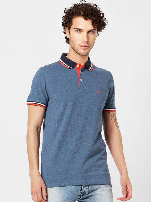 Blue Contrast Tipping Polo Neck T-shirt