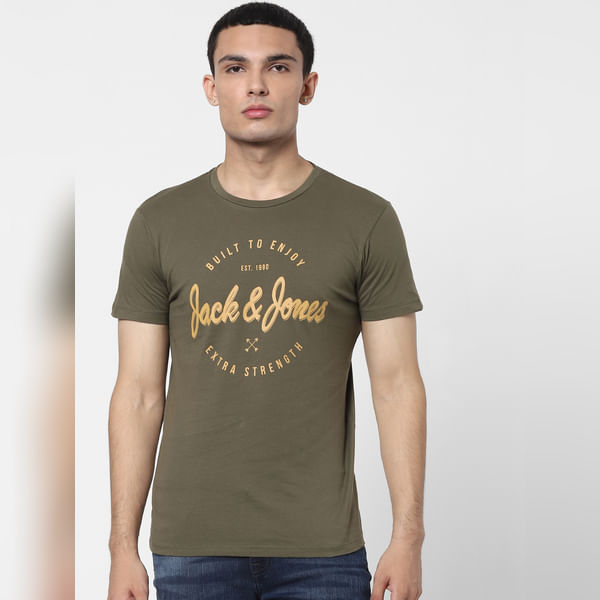 BESTSELLER CLOTHING Olive Green Logo Print Crew Neck T-shirt