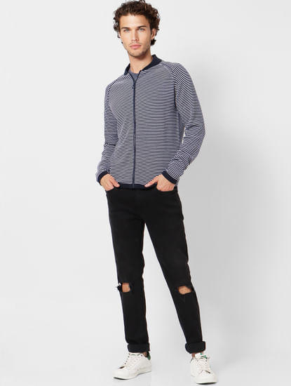 Navy Blue Striped Zip Up Cardigan