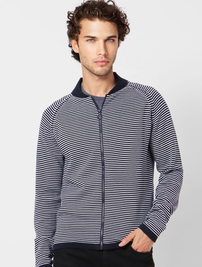 Navy Blue Striped Zip Up Cardigan